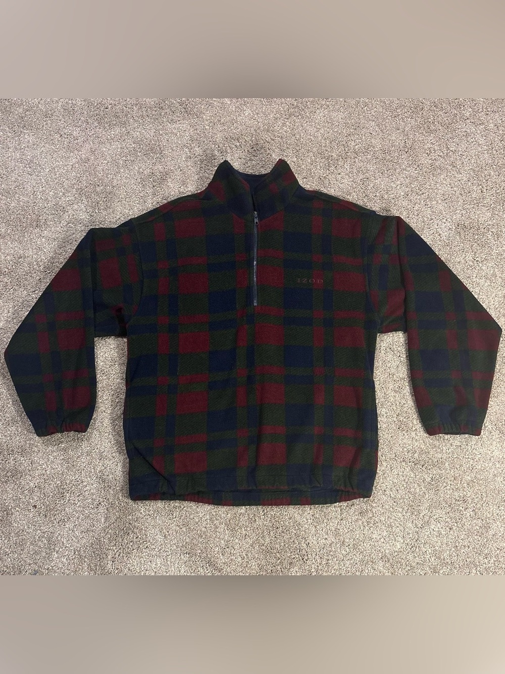 Vintage IZOD Men’s Plaid Fleece 1/4 Zip Mock Neck Pullover Sweatshirt Blue Red M